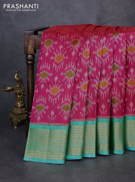 Ikat soft silk saree pink and dual shade of teal blue with allover ikat weaves and zari woven border