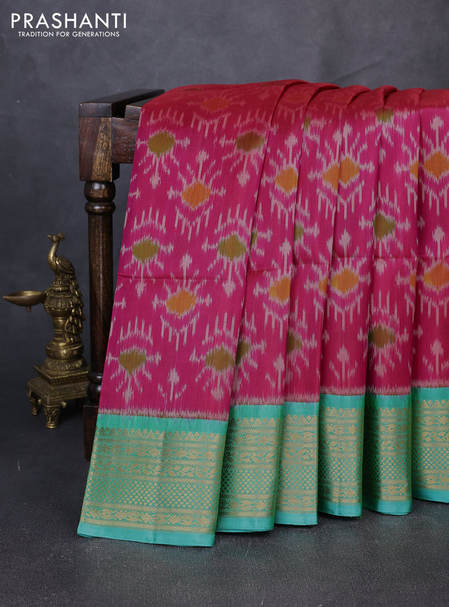 Ikat soft silk saree pink and dual shade of teal blue with allover ikat weaves and zari woven border