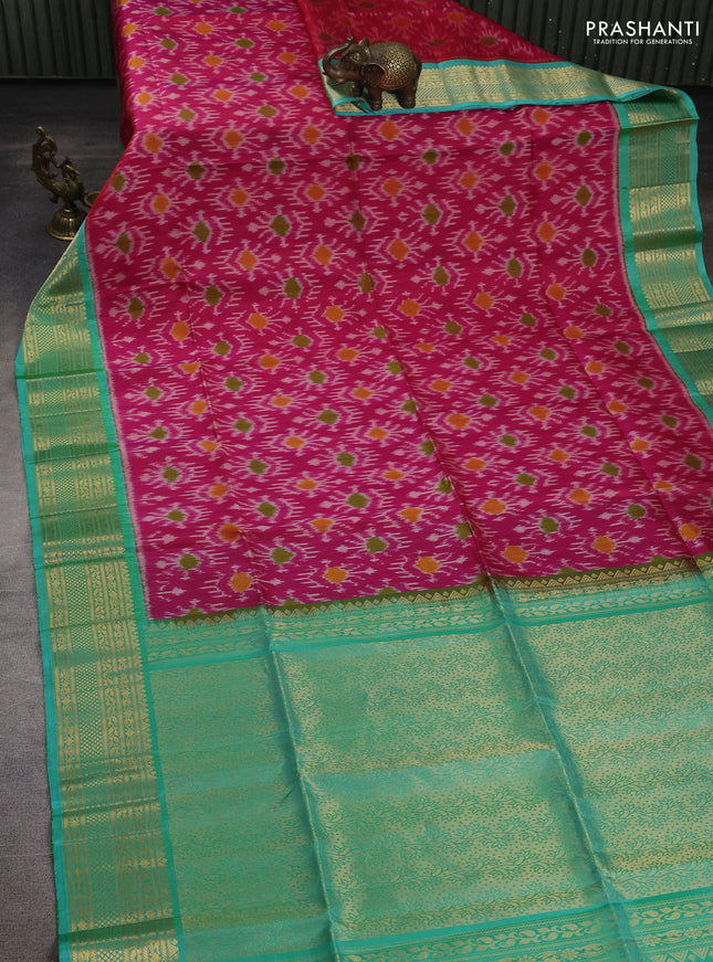 Ikat soft silk saree pink and dual shade of teal blue with allover ikat weaves and zari woven border