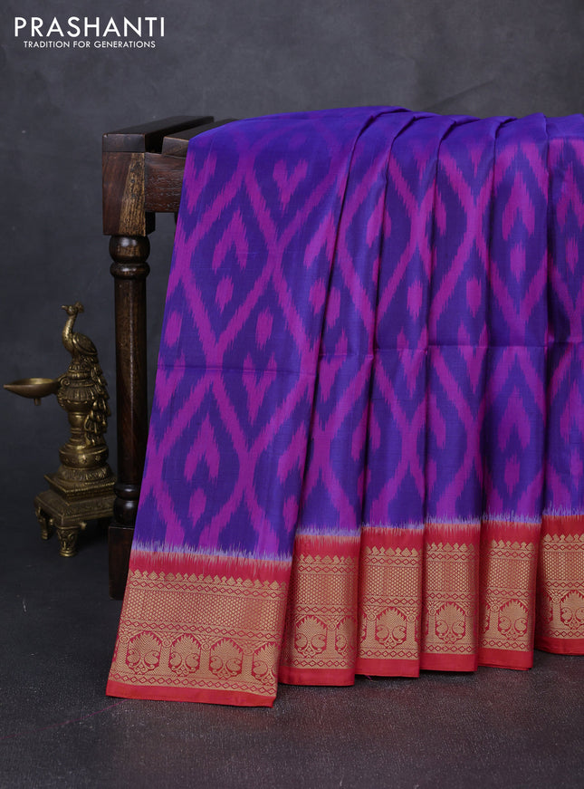 Ikat soft silk saree blue and dual shade of pinkish orange with allover ikat weaves and zari woven border