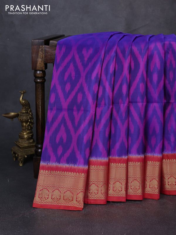 Ikat soft silk saree blue and dual shade of pinkish orange with allover ikat weaves and zari woven border