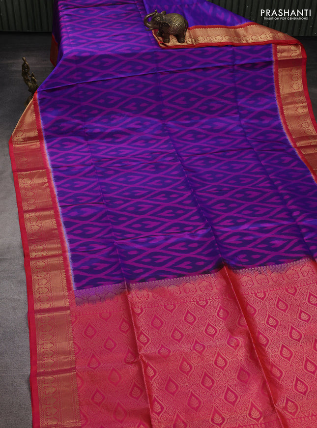 Ikat soft silk saree blue and dual shade of pinkish orange with allover ikat weaves and zari woven border