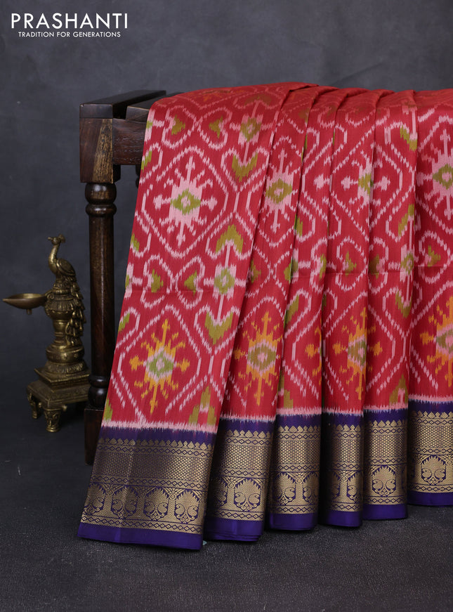 Ikat soft silk saree red and blue with allover ikat weaves and zari woven border
