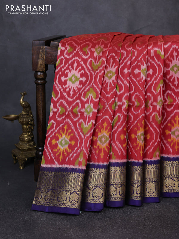 Ikat soft silk saree red and blue with allover ikat weaves and zari woven border