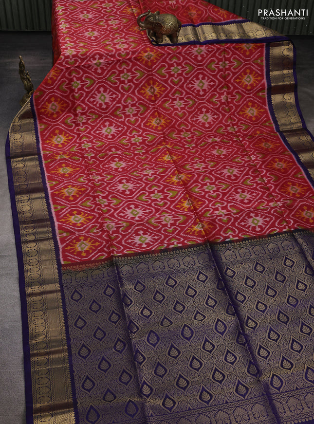 Ikat soft silk saree red and blue with allover ikat weaves and zari woven border