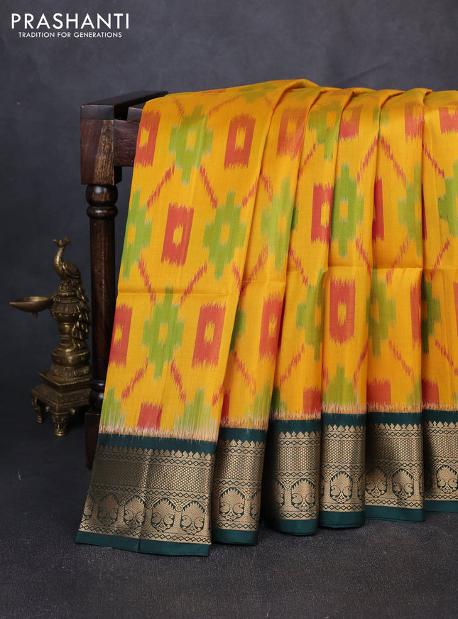 Ikat soft silk saree yellow and dark green with allover ikat weaves and zari woven border