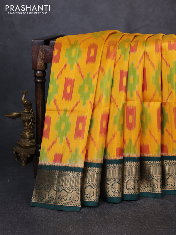 Ikat soft silk saree yellow and dark green with allover ikat weaves and zari woven border
