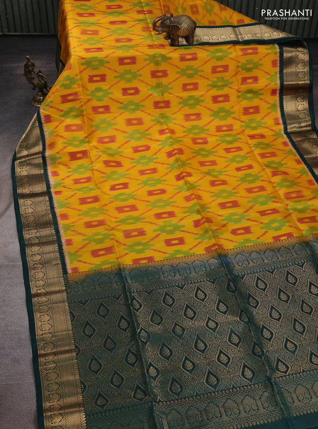 Ikat soft silk saree yellow and dark green with allover ikat weaves and zari woven border