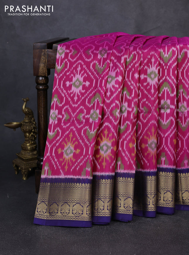 Ikat soft silk saree pink and navy blue with allover ikat weaves and zari woven border