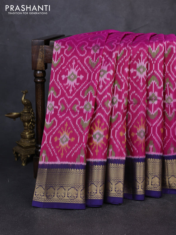 Ikat soft silk saree pink and navy blue with allover ikat weaves and zari woven border