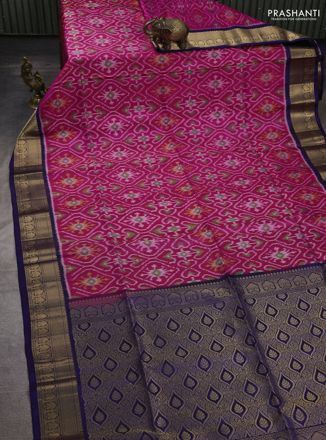 Ikat soft silk saree pink and navy blue with allover ikat weaves and zari woven border