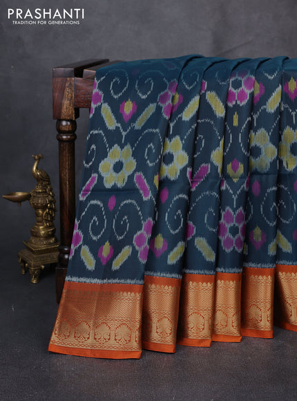 Ikat soft silk saree dark peacock blue and rustic orange with allover ikat weaves and zari woven border