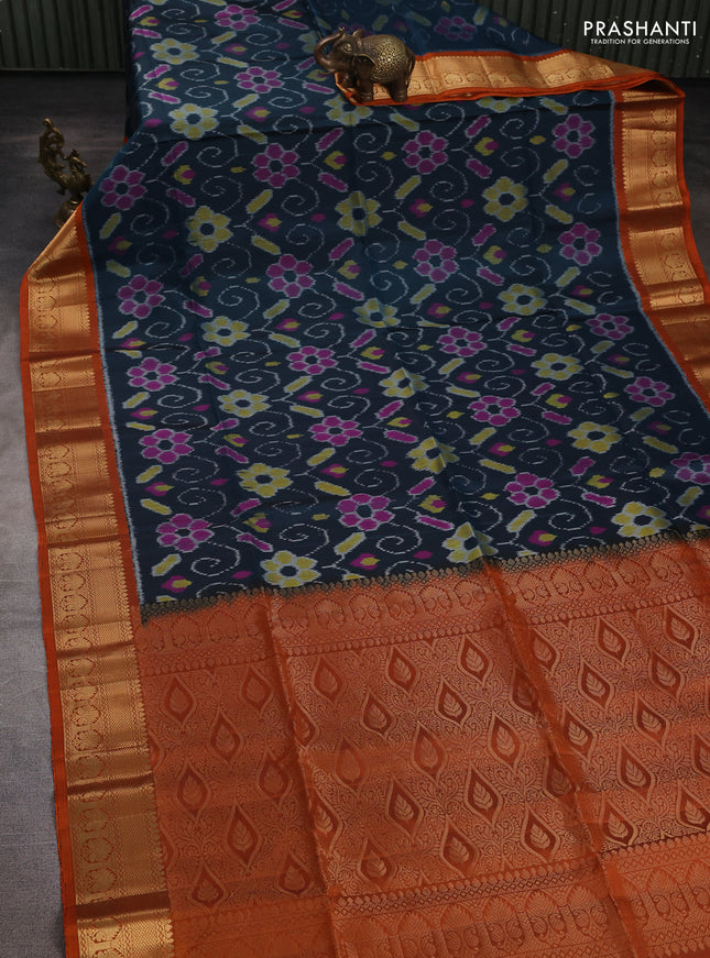 Ikat soft silk saree dark peacock blue and rustic orange with allover ikat weaves and zari woven border