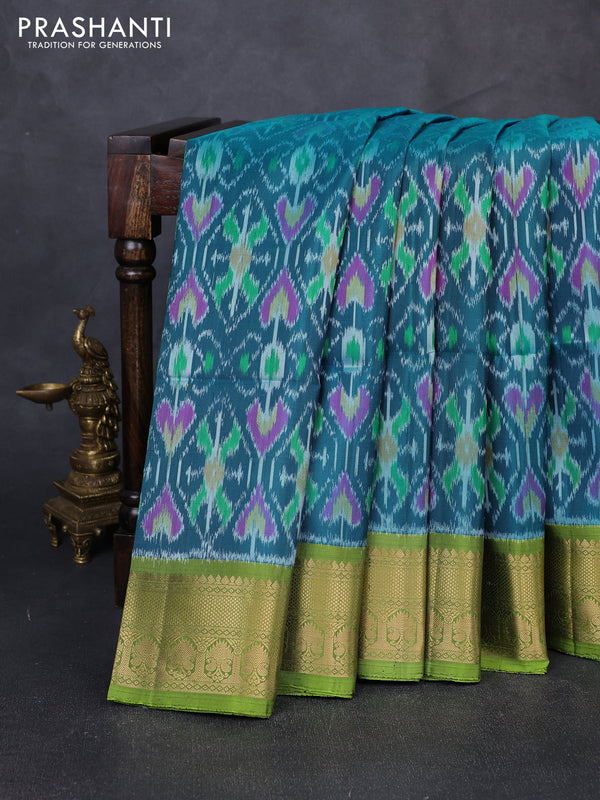 Ikat soft silk saree peacock blue and light green with allover ikat weaves and zari woven border