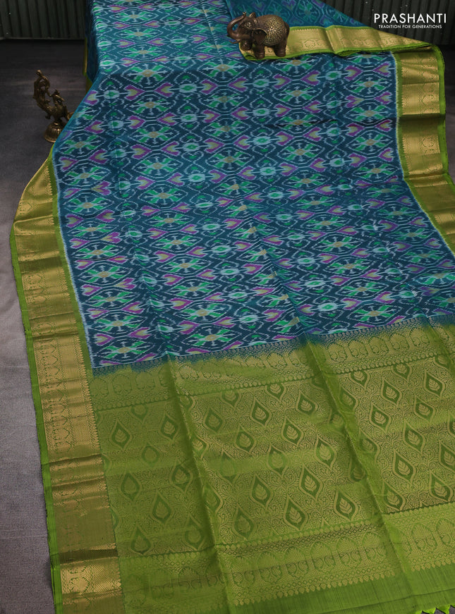 Ikat soft silk saree peacock blue and light green with allover ikat weaves and zari woven border