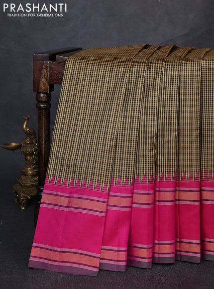 Pure kanchipuram silk saree black mustard and pink with allover checked pattern and temple design rettapet zari woven border