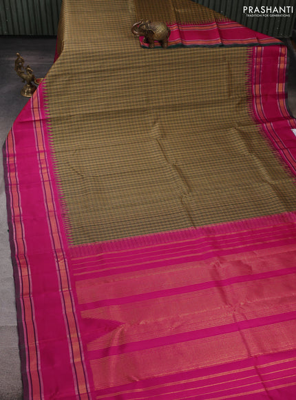 Pure kanchipuram silk saree black mustard and pink with allover checked pattern and temple design rettapet zari woven border
