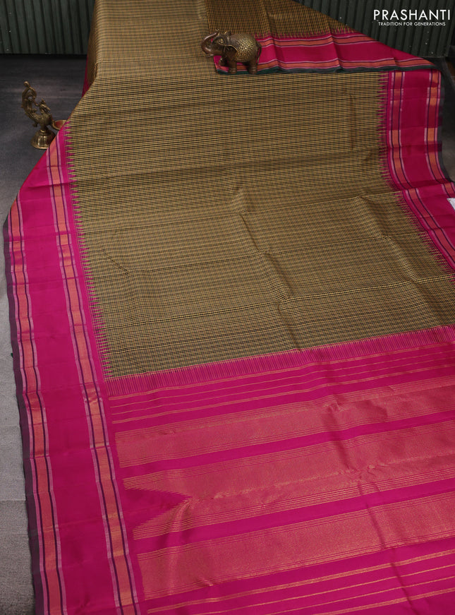 Pure kanchipuram silk saree black mustard and pink with allover checked pattern and temple design rettapet zari woven border