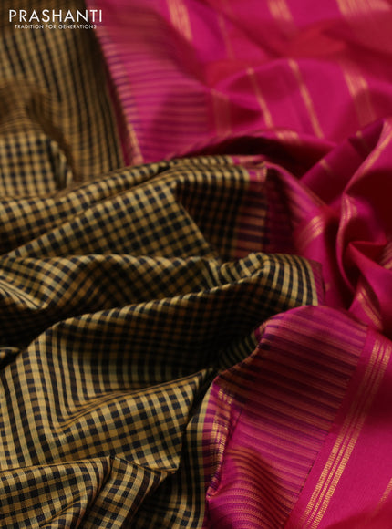 Pure kanchipuram silk saree black mustard and pink with allover checked pattern and temple design rettapet zari woven border