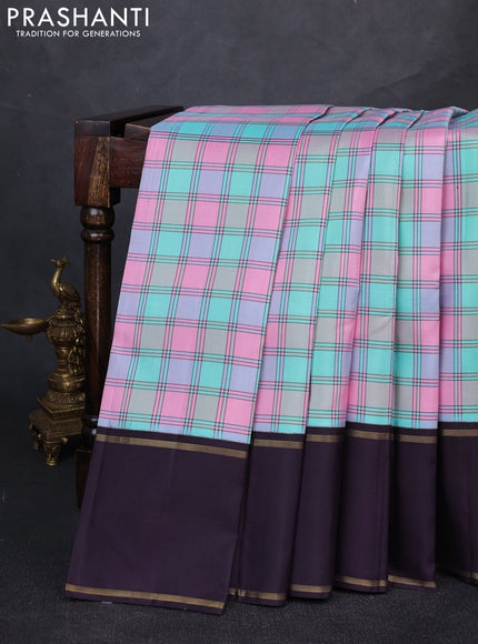 Pure kanchipuram silk saree milti colour and jamun shade with allover checked pattern and rettapet zari woven border