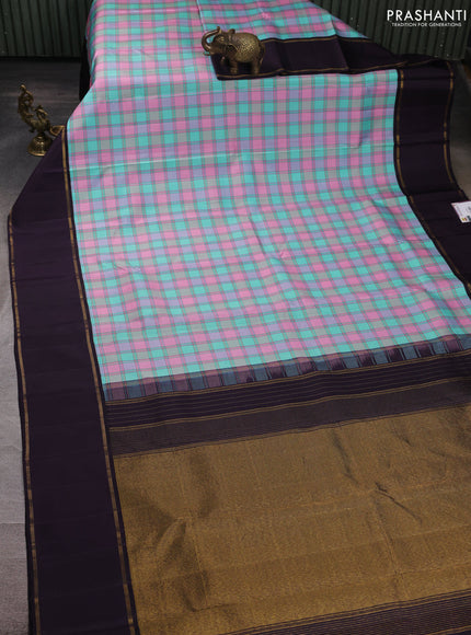Pure kanchipuram silk saree milti colour and jamun shade with allover checked pattern and rettapet zari woven border