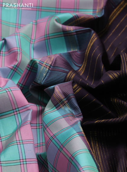 Pure kanchipuram silk saree milti colour and jamun shade with allover checked pattern and rettapet zari woven border