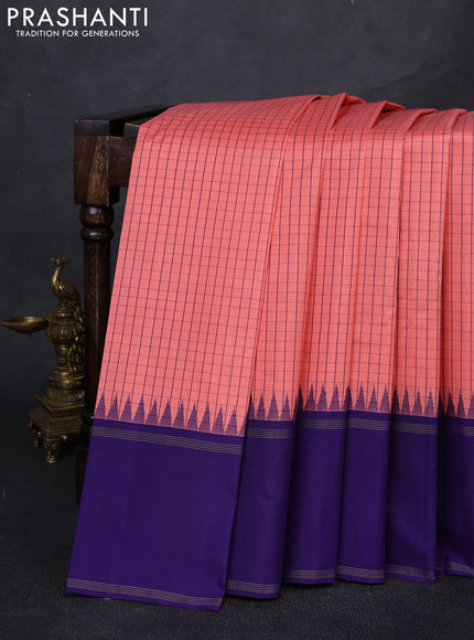 Pure kanchipuram silk saree peach and blue with allover checked pattern and temple design rettapet zari woven border