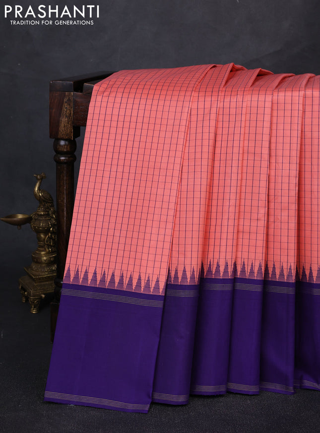 Pure kanchipuram silk saree peach and blue with allover checked pattern and temple design rettapet zari woven border