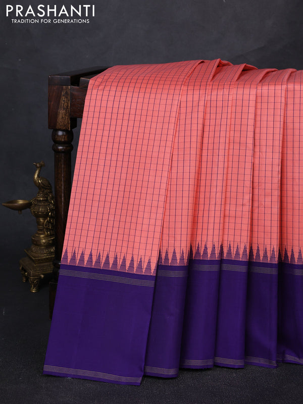 Pure kanchipuram silk saree peach and blue with allover checked pattern and temple design rettapet zari woven border
