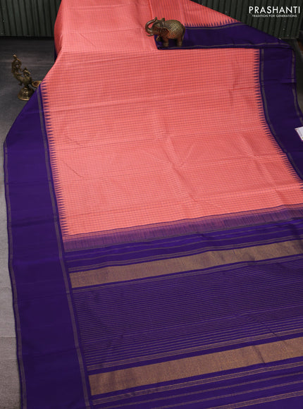 Pure kanchipuram silk saree peach and blue with allover checked pattern and temple design rettapet zari woven border