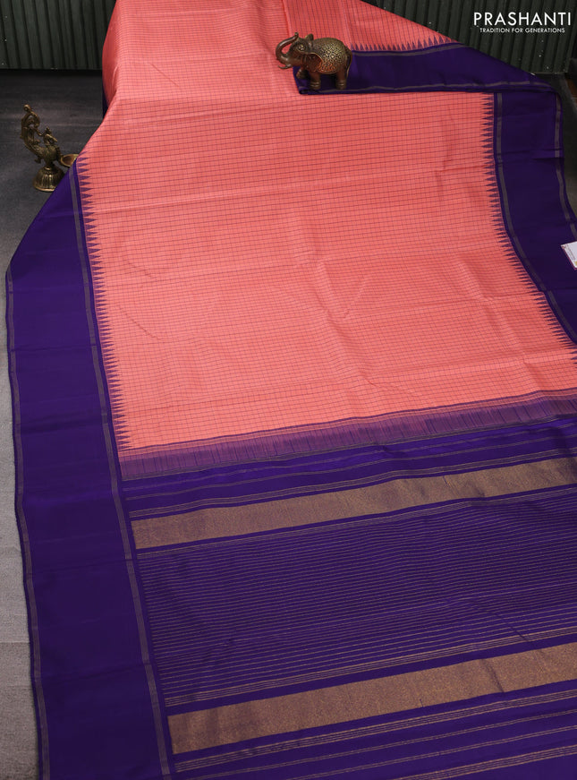 Pure kanchipuram silk saree peach and blue with allover checked pattern and temple design rettapet zari woven border