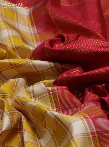 Pure kanchipuram silk saree cream mustard and maroon with allover checked pattern and long zari woven border
