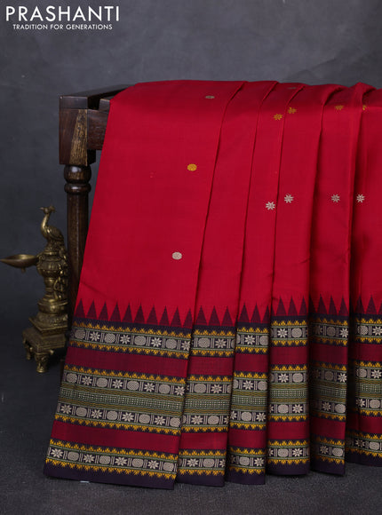 Pure kanchipuram silk saree red and jamun shade with thread woven buttas and temple design thread woven border