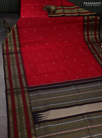 Pure kanchipuram silk saree red and jamun shade with thread woven buttas and temple design thread woven border