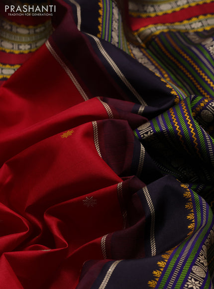 Pure kanchipuram silk saree red and jamun shade with thread woven buttas and temple design thread woven border