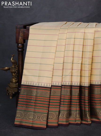 Pure kanchipuram silk saree cream and coffee brown with allover thread weaves and long thread woven border