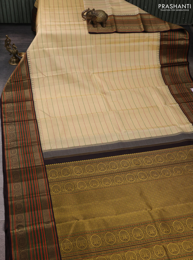 Pure kanchipuram silk saree cream and coffee brown with allover thread weaves and long thread woven border
