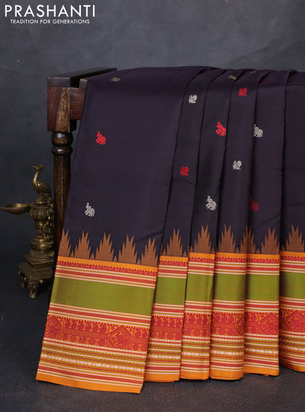 Pure kanchipuram silk saree deep jamun and dark mustard with thread woven annam buttas and temple design thread woven border