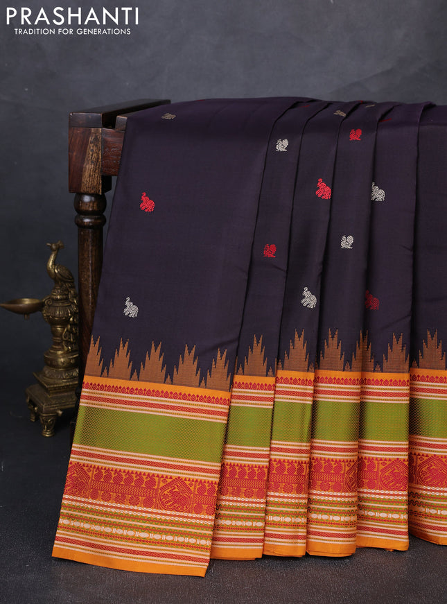 Pure kanchipuram silk saree deep jamun and dark mustard with thread woven annam buttas and temple design thread woven border