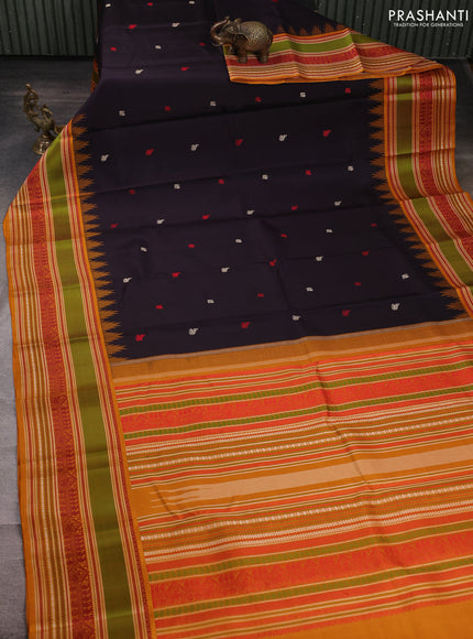 Pure kanchipuram silk saree deep jamun and dark mustard with thread woven annam buttas and temple design thread woven border