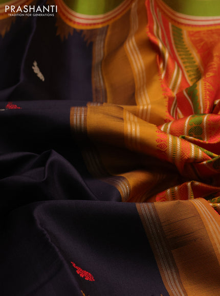 Pure kanchipuram silk saree deep jamun and dark mustard with thread woven annam buttas and temple design thread woven border