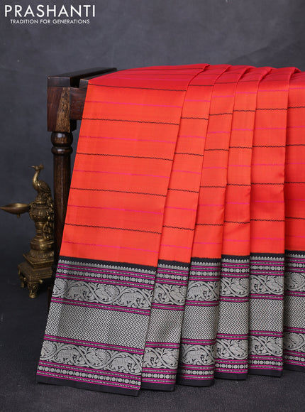 Pure kanchipuram silk saree orange and black with allover thread weaves and long thread woven korvai border