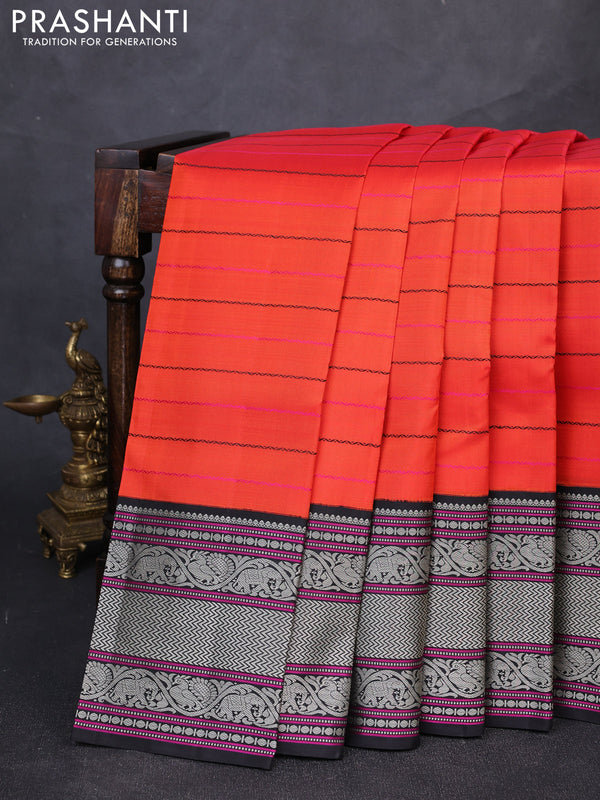Pure kanchipuram silk saree orange and black with allover thread weaves and long thread woven korvai border