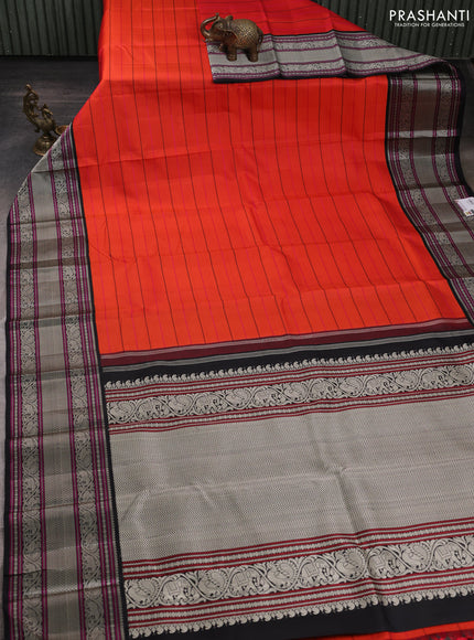 Pure kanchipuram silk saree orange and black with allover thread weaves and long thread woven korvai border