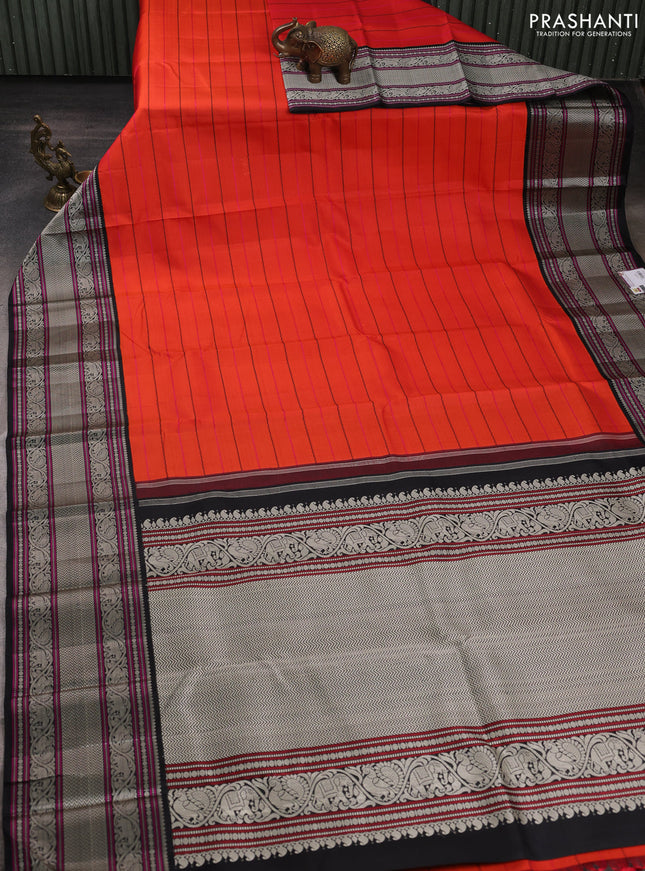 Pure kanchipuram silk saree orange and black with allover thread weaves and long thread woven korvai border
