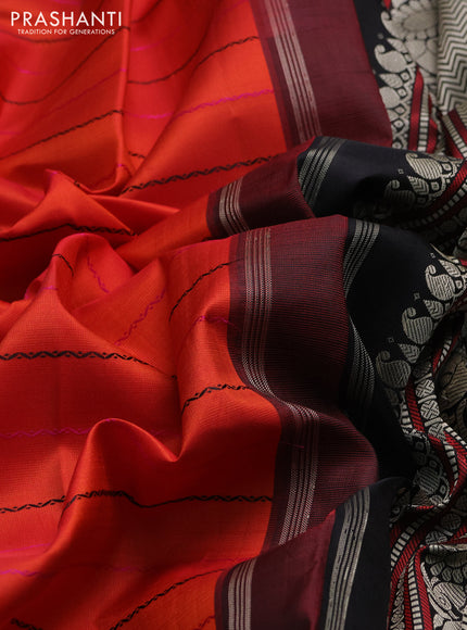 Pure kanchipuram silk saree orange and black with allover thread weaves and long thread woven korvai border