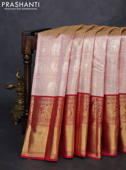 Pure kanchipuram tissue silk saree pastel peach and maroon with allover silver zari woven brocade weaves and long zari woven border