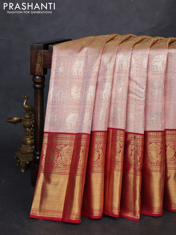 Pure kanchipuram tissue silk saree pastel peach and maroon with allover silver zari woven brocade weaves and long zari woven border