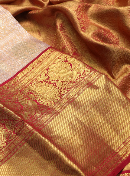 Pure kanchipuram tissue silk saree pastel peach and maroon with allover silver zari woven brocade weaves and long zari woven border