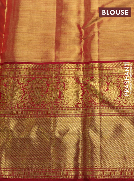Pure kanchipuram tissue silk saree pastel peach and maroon with allover silver zari woven brocade weaves and long zari woven border